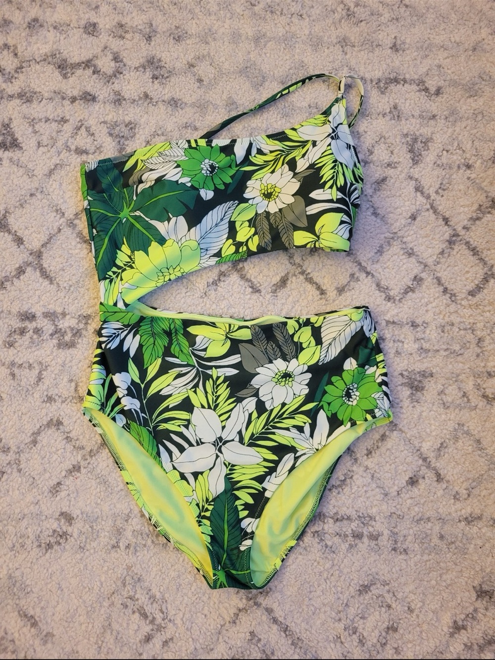 Aerie Floral One-Shoulder Cutout One Piece Swimsuit - Green & Lime